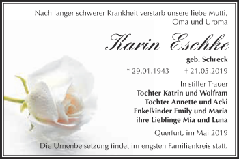 Traueranzeige von Karin Eschke von WVG - Wochenspiegel Merseburg
