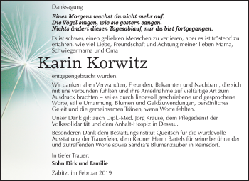 Traueranzeige von Karin Korwitz von Mitteldeutsche Zeitung Köthen