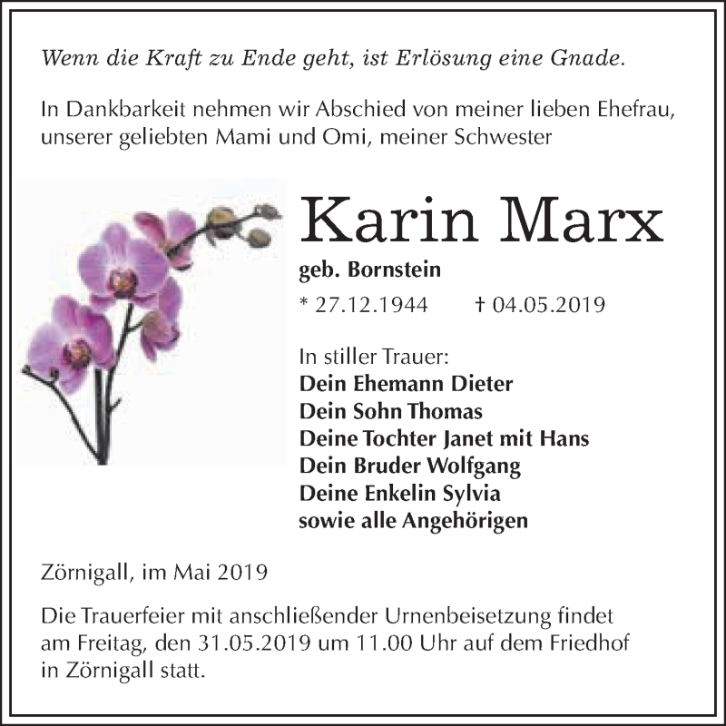  Traueranzeige für Karin Marx vom 18.05.2019 aus WVG - Wochenspiegel Wittenberg
