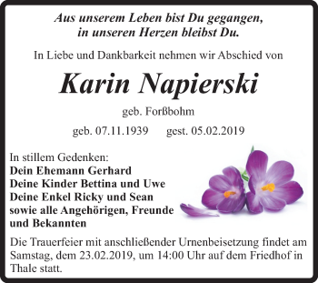 Traueranzeige von Karin Napierski von Mitteldeutsche Zeitung Quedlinburg