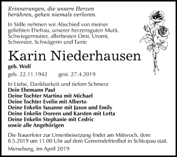 Traueranzeige von Karin Niederhausen von WVG - Wochenspiegel Merseburg