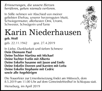 Traueranzeige von Karin Niederhausen von Mitteldeutsche Zeitung