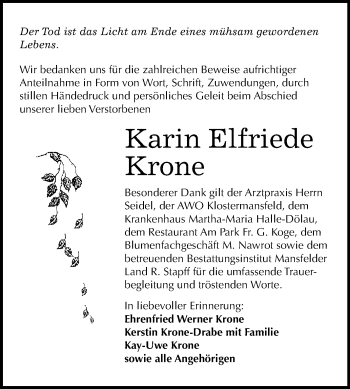 Traueranzeige von Karin Elfriede Krone von Wochenspiegel Mansfelder Land