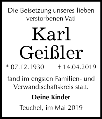Traueranzeige von Karl Geißler von Mitteldeutsche Zeitung