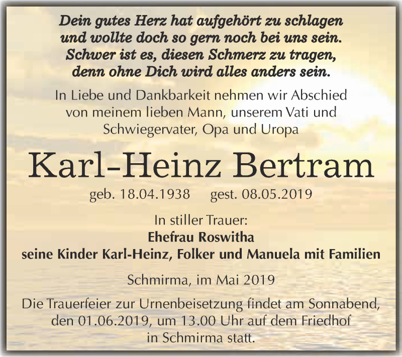  Traueranzeige für Karl-Heinz Bertram vom 13.05.2019 aus WVG - Wochenspiegel Merseburg