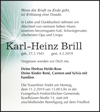 Traueranzeige von Karl-Heinz Brill von Mitteldeutsche Zeitung Sangerhausen