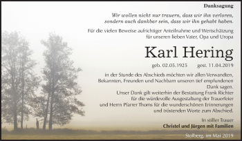 Traueranzeige von Karl Hering von Mitteldeutsche Zeitung Sangerhausen