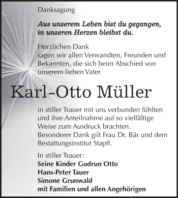 Traueranzeige von Karl-Otto Müller von Wochenspiegel Mansfelder Land