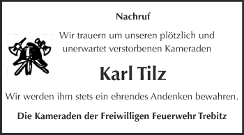 Traueranzeige von Karl Tilz von Super Sonntag Bernburg