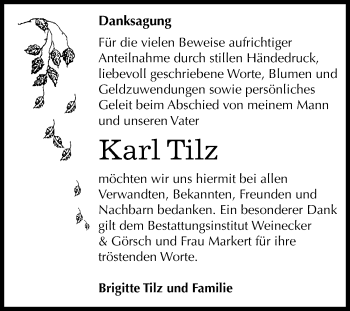 Traueranzeige von Karl Tilz von Mitteldeutsche Zeitung