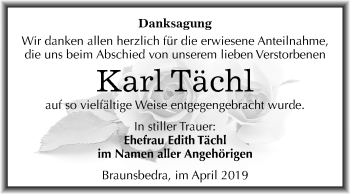 Traueranzeige von Karl Tächl von Mitteldeutsche Zeitung Merseburg/Querfurt