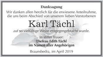 Traueranzeige von Karl Tächl von WVG - Wochenspiegel Merseburg