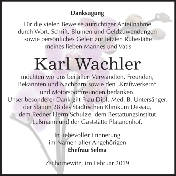 Traueranzeige von Karl Wachler von Mitteldeutsche Zeitung Wittenberg