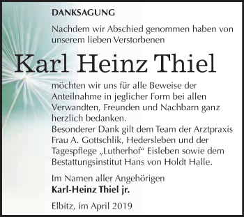 Traueranzeige von Karl Heinz Thiel von Super Sonntag SGH Mansf. Land