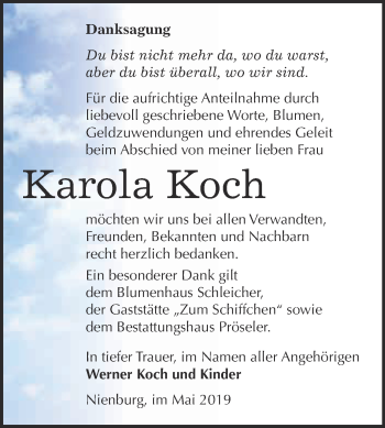 Traueranzeige von Karola Koch von Super Sonntag Bernburg