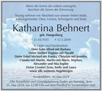 Traueranzeige von Katharina Behnert von Super Sonntag SGH Mansf. Land