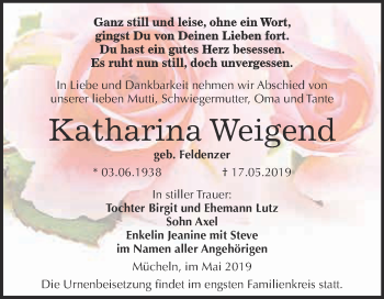 Traueranzeige von Katharina Weigend von WVG - Wochenspiegel Merseburg