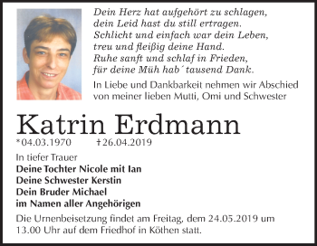 Traueranzeige von Katrin Erdmann von Mitteldeutsche Zeitung Köthen