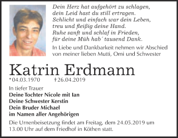 Traueranzeige von Katrin Erdmann von WVG - Wochenspiegel Dessau / Köthen