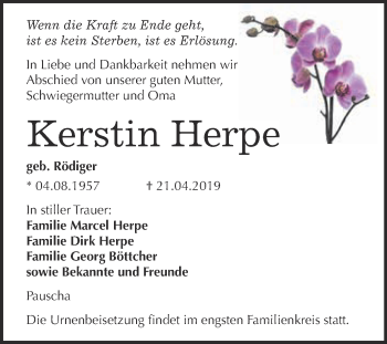 Traueranzeige von Kerstin Herpe von WVG - Wochenspiegel NMB / WSF / ZTZ