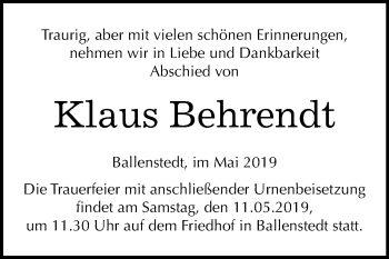 Traueranzeige von Klaus Behrendt von WVG - Wochenspiegel Quedlinburg