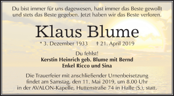 Traueranzeige von Klaus Blume von Mitteldeutsche Zeitung Halle/Saalkreis