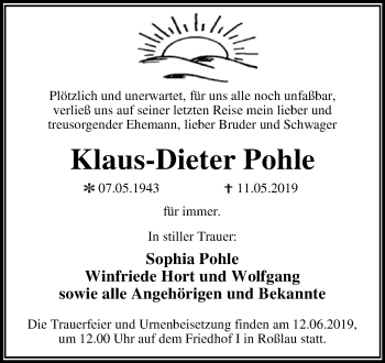 Traueranzeige von Klaus-Dieter Pohle von WVG - Wochenspiegel Dessau / Köthen