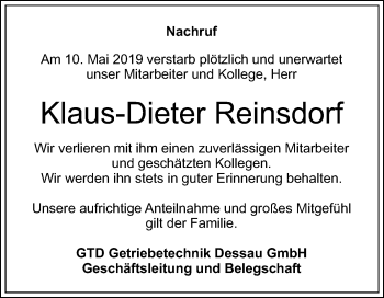Traueranzeige von Klaus-Dieter Reinsdorf von Mitteldeutsche Zeitung Dessau-Roßlau