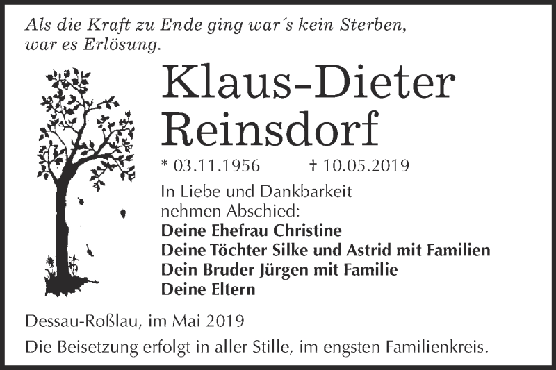  Traueranzeige für Klaus-Dieter Reinsdorf vom 13.05.2019 aus WVG - Wochenspiegel Dessau / Köthen