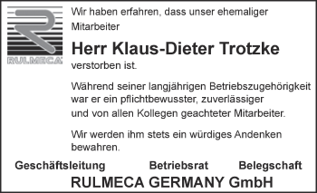 Traueranzeige von Klaus-Dieter Trotzke von Super Sonntag Aschersleben