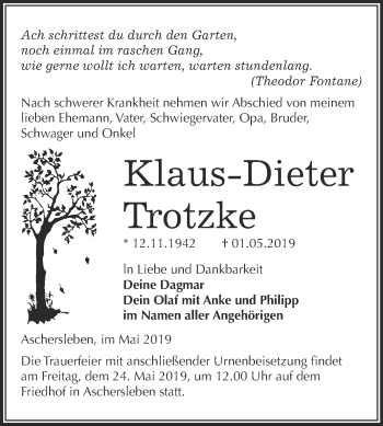 Traueranzeige von Klaus-Dieter Trotzke von Super Sonntag Aschersleben
