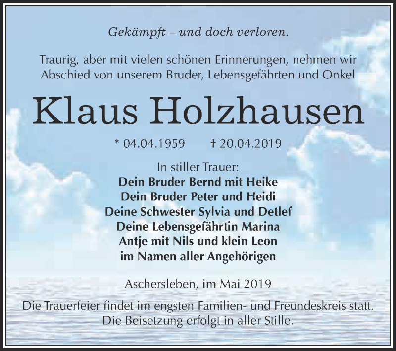  Traueranzeige für Klaus Holzhausen vom 29.04.2019 aus Super Sonntag Aschersleben