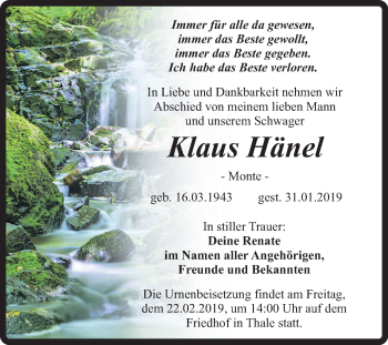 Traueranzeige von Klaus Hänel von Mitteldeutsche Zeitung Quedlinburg