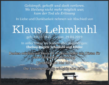Traueranzeige von Klaus Lehmkuhl von Super Sonntag Aschersleben