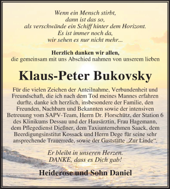 Traueranzeige von Klaus-Peter Bukovsky von Mitteldeutsche Zeitung Dessau-Roßlau