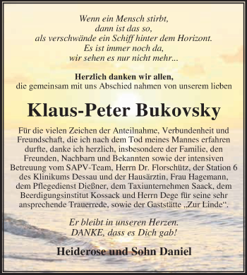 Traueranzeige von Klaus-Peter Bukovsky von WVG - Wochenspiegel Dessau / Köthen