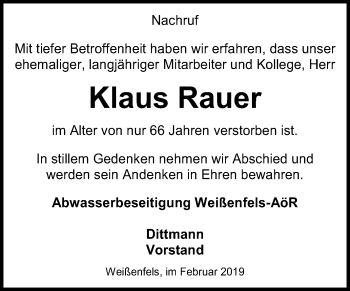 Traueranzeige von Klaus Rauer von Mitteldeutsche Zeitung Weißenfels