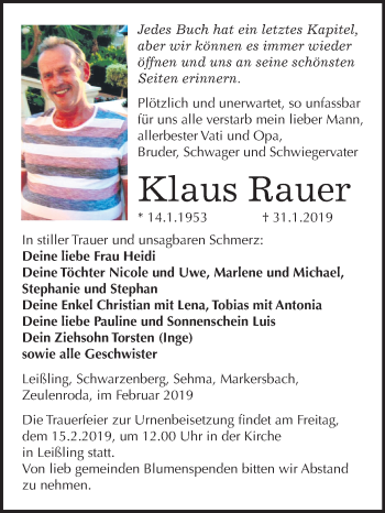 Traueranzeige von Klaus Rauer von Mitteldeutsche Zeitung Weißenfels