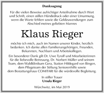 Traueranzeige von Klaus Rieger von WVG - Wochenspiegel NMB / WSF / ZTZ