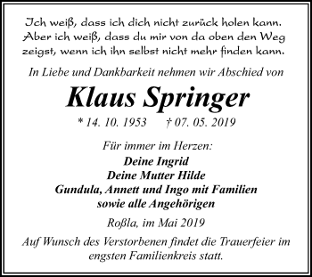 Traueranzeige von Klaus Springer von Mitteldeutsche Zeitung