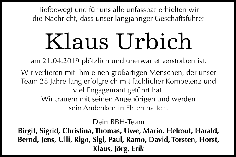  Traueranzeige für Klaus Urbich vom 11.05.2019 aus Mitteldeutsche Zeitung Halle/Saalkreis