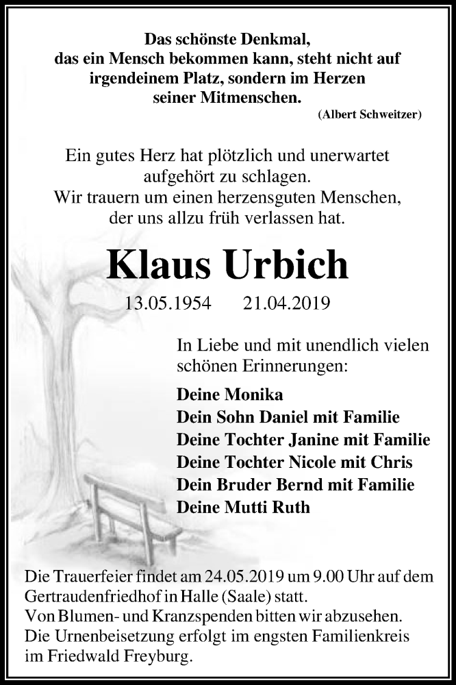  Traueranzeige für Klaus Urbich vom 11.05.2019 aus Mitteldeutsche Zeitung Halle/Saalkreis