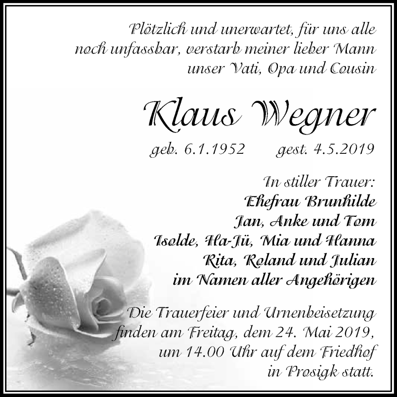  Traueranzeige für Klaus Wegner vom 11.05.2019 aus WVG - Wochenspiegel Dessau / Köthen