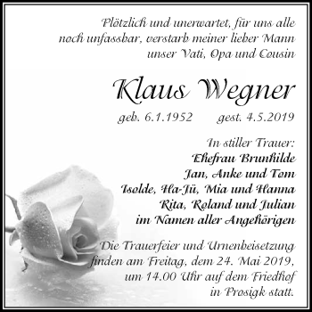 Traueranzeige von Klaus Wegner von WVG - Wochenspiegel Dessau / Köthen