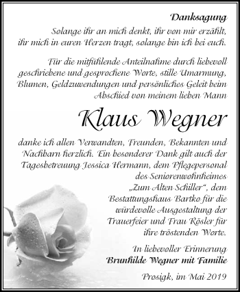 Traueranzeige von Klaus Wegner von WVG - Wochenspiegel Dessau / Köthen