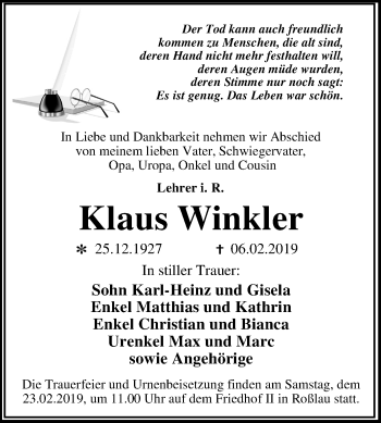 Traueranzeige von Klaus Winkler von Mitteldeutsche Zeitung Dessau-Roßlau