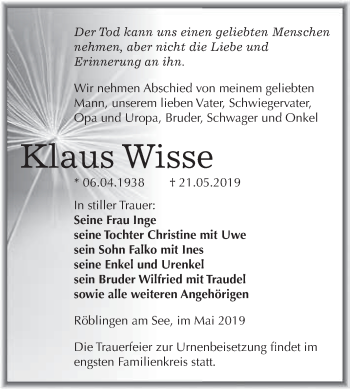 Traueranzeige von Klaus Wisse von Wochenspiegel Mansfelder Land