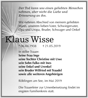 Traueranzeige von Klaus Wisse von Mitteldeutsche Zeitung Mansfelder Land