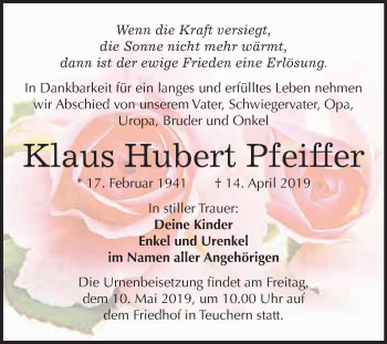 Traueranzeige von Klaus Hubert Pfeiffer von WVG - Wochenspiegel NMB / WSF / ZTZ