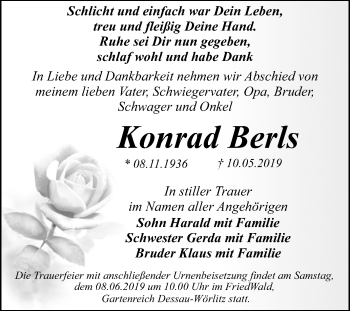 Traueranzeige von Konrad Berls von WVG - Wochenspiegel Dessau / Köthen